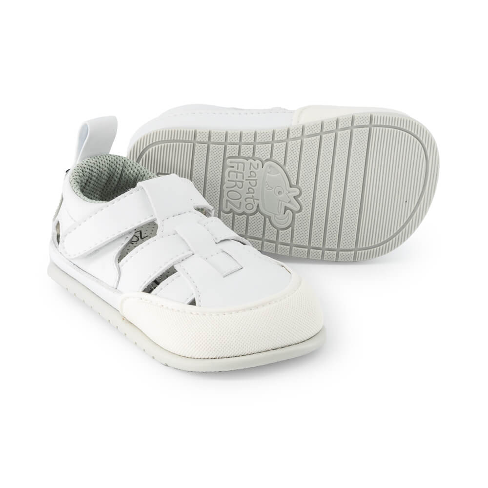 sandalias respetuosas barefoot veganas microfibra resistentes agua bebes color blanco puntos irta feroz ulises ss24