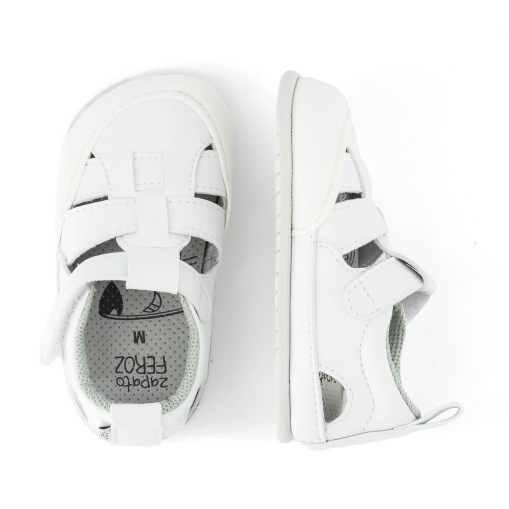 sandalias respetuosas barefoot veganas microfibra resistentes agua bebes color blanco puntos irta feroz ulises ss24