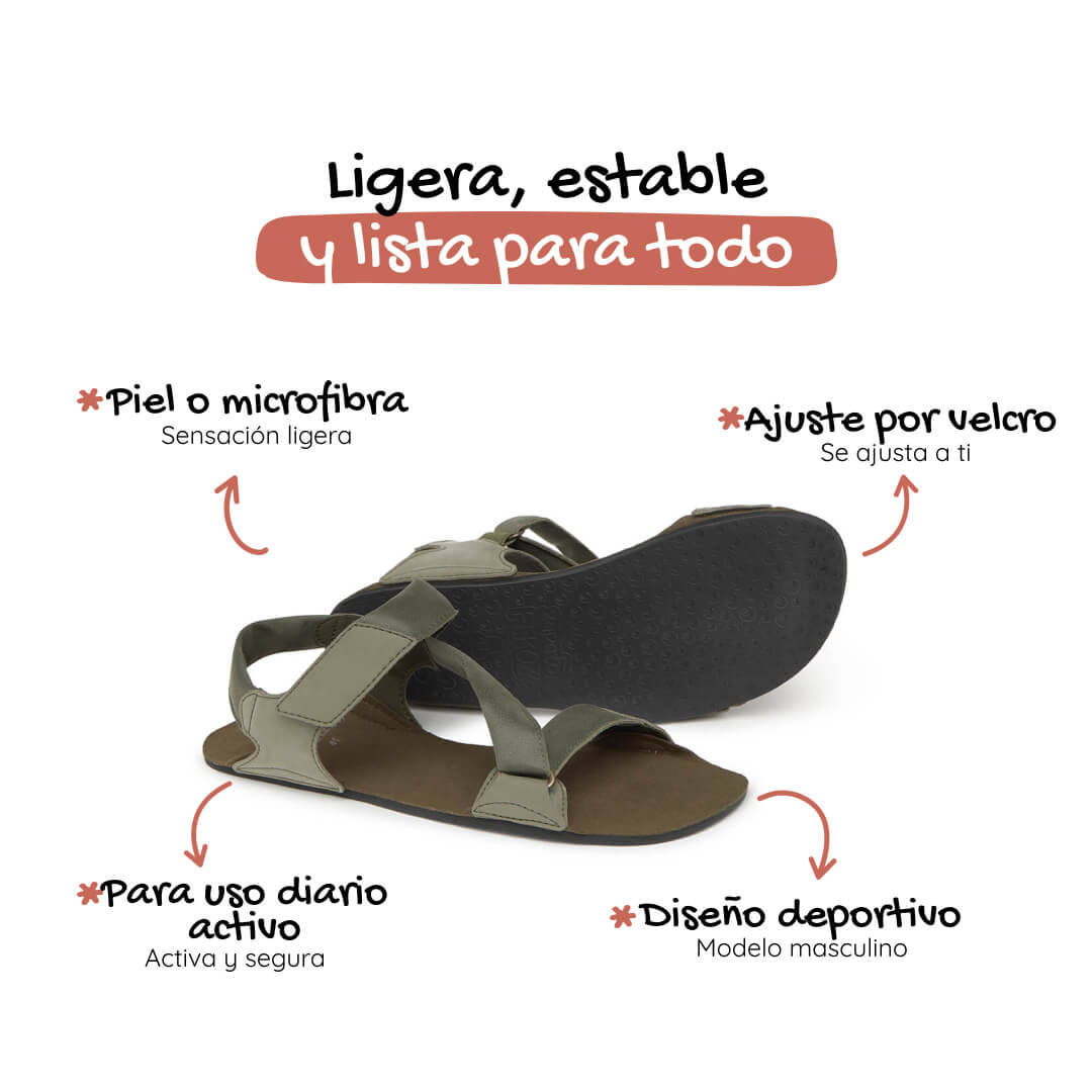sandalias barefoot suela plana flexible hombre caballero primavera verano oliva ss26 kaki