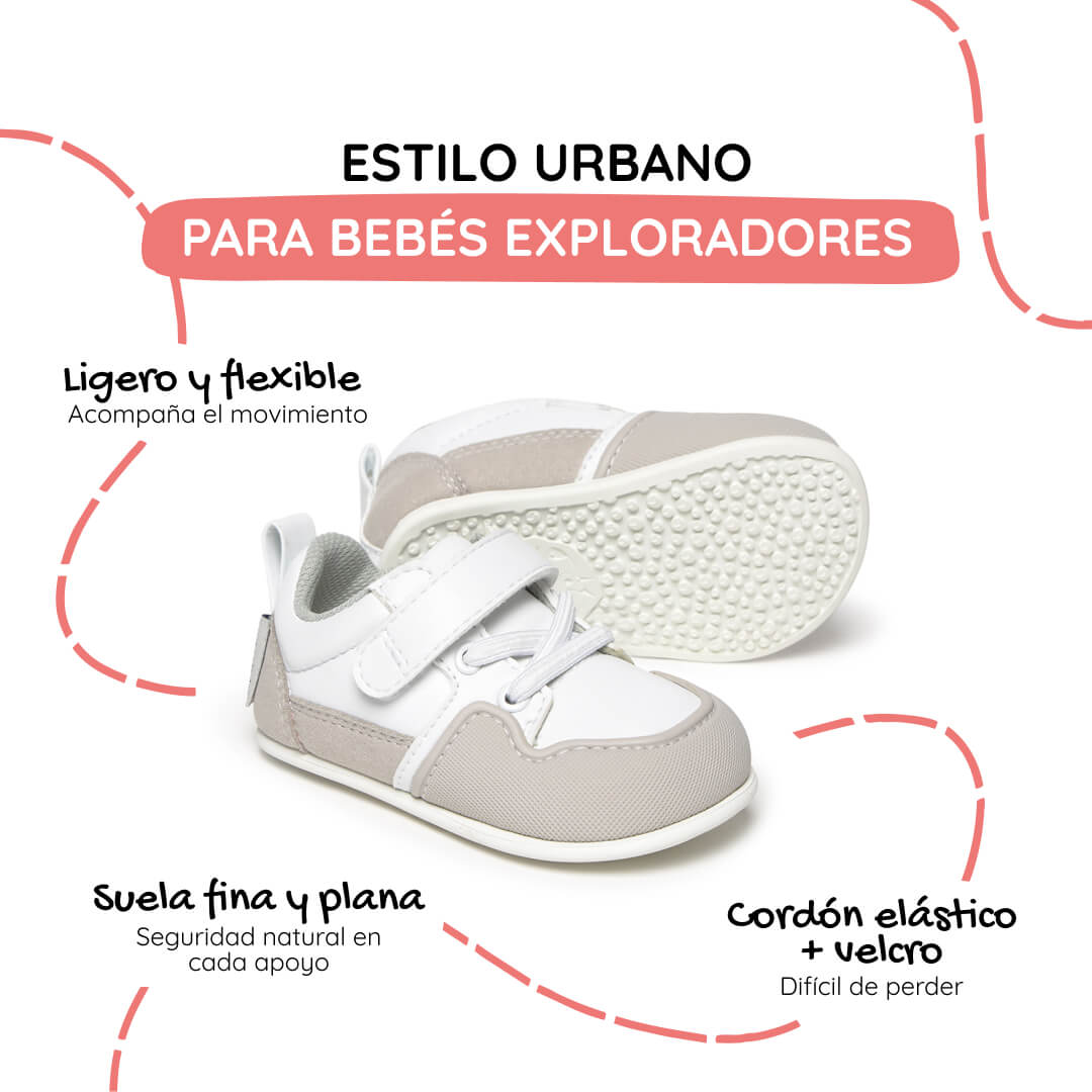 calzado barefoot suela fina flexible color blanco gris bebes cheste feroz ss26 02 | blanco gris microfibra