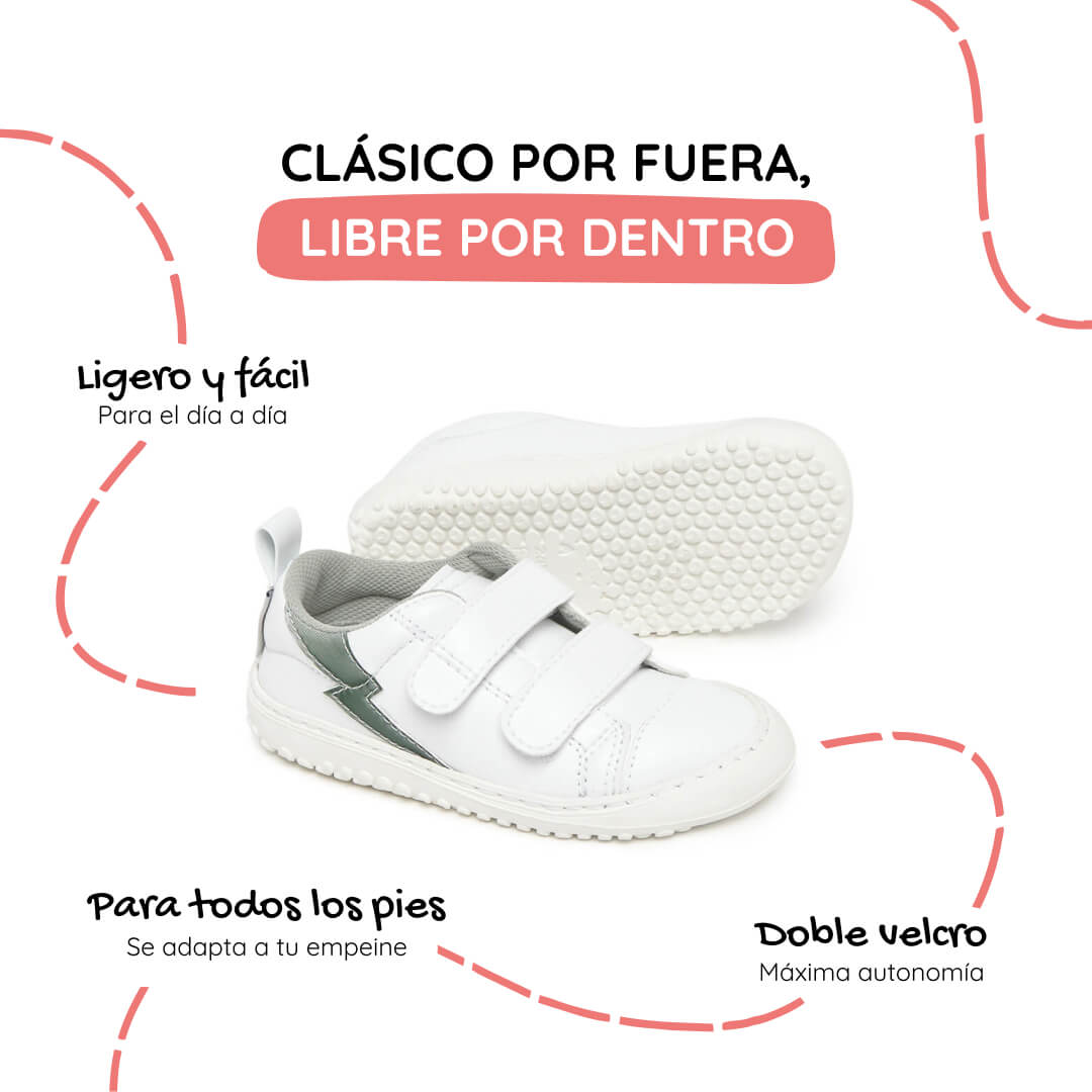 calzado respetuoso movimiento pisada consciente bebe color gris blanco moraira rayo rocker 1000