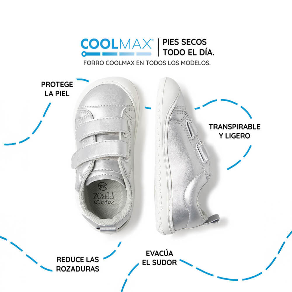 calzado respetuoso movimiento pisada consciente bebe color plata blanco moraira rayo rocker