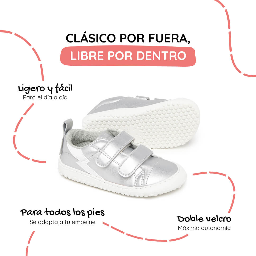 calzado respetuoso movimiento pisada consciente bebe color plata blanco moraira rayo rocker 1000